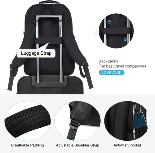 Miniatura 4 de LOVEVOOK Mochila para laptop para mujer, elegante mochila acolchada para viajes de negocios, trabajo, bolsa para computadora, con puerto USB