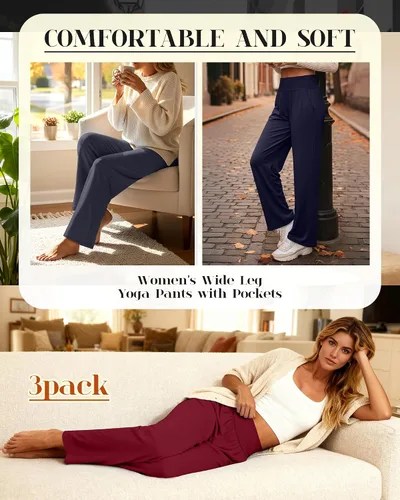 Miniatura 33 de Neer - Conjunto de 3 pantalones de yoga de pierna ancha para mujer - Pantalones deportivos cómodos, holgados, de cintura alta y casuales