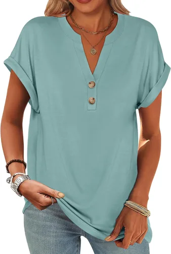 Miniatura 21 de ANRABESS - Camisetas Henley de manga corta para mujer, cuello en V, elegantes, estilo informal, de corte suelto; blusas fluidas de verano, ropa