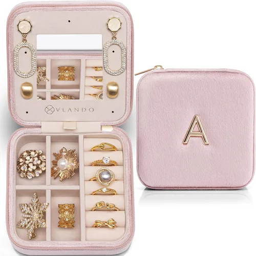 Vlando Joyero de viaje de terciopelo afelpado, joyeros personalizados con iniciales para mujeres y niñas, mini organizador de viaje de joyería,