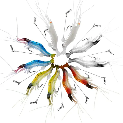 Miniatura 9 de Señuelos de pesca para camarones de silicona artificial, set de cebo suave luminoso Swimbait Señuelo de pesca con ganchos, aparejos de pesca de agua