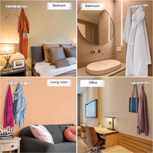Miniatura 6 de Perchero de Pared Blanco – Riel de Ganchos de Acero Inoxidable de 15 Pulgadas con 5 Ganchos Dobles Resistentes para Abrigos – Perchero Montado