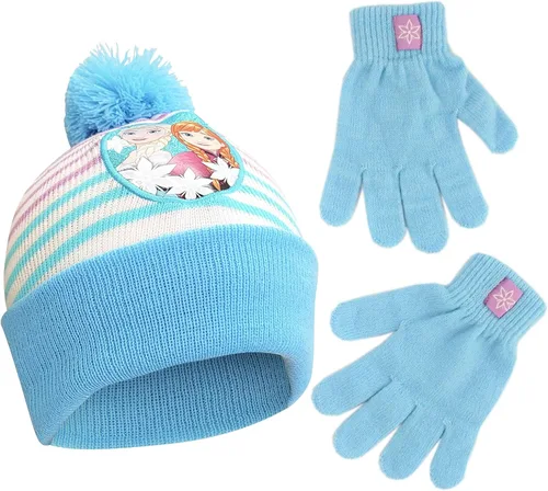 Disney Conjunto de sombrero de invierno Frozen para niñas y guantes para niños gorro Elsa y Anna para edades de 4 a 7 años
