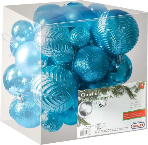 PREXTEX - Juego de 36 adornos navideños azules para árbol de Navidad: bolas navideñas inastillables en color aguamarina y azul verdoso en tamaños