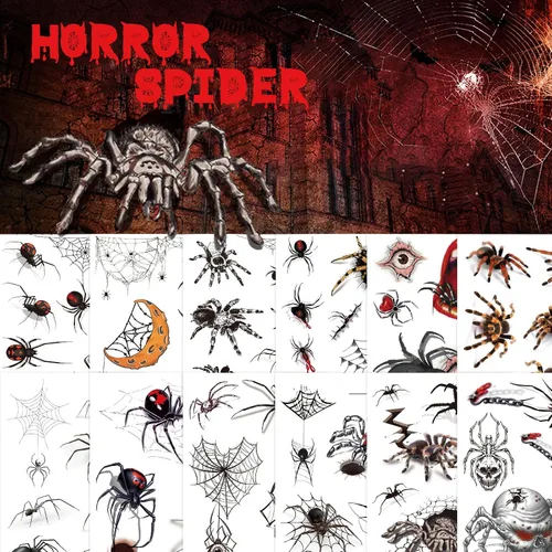 YOKSAS Calcomanías de tatuaje temporal de araña 3D de terror de Halloween, 12 hojas de tatuajes de maquillaje facial para niños y adultos, para