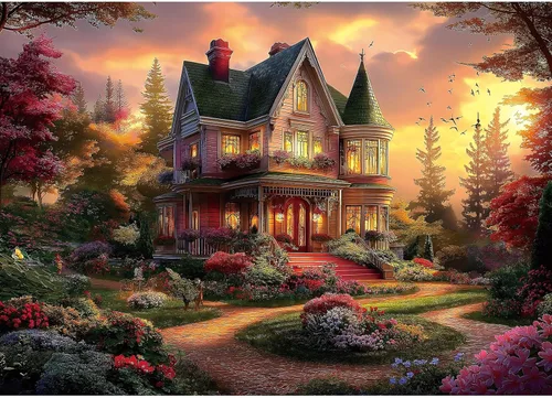 Rompecabezas para adultos de 1000 piezas, rompecabezas de casa victoriana al atardecer para decoración familiar, juego de fiesta, tamaño terminado: