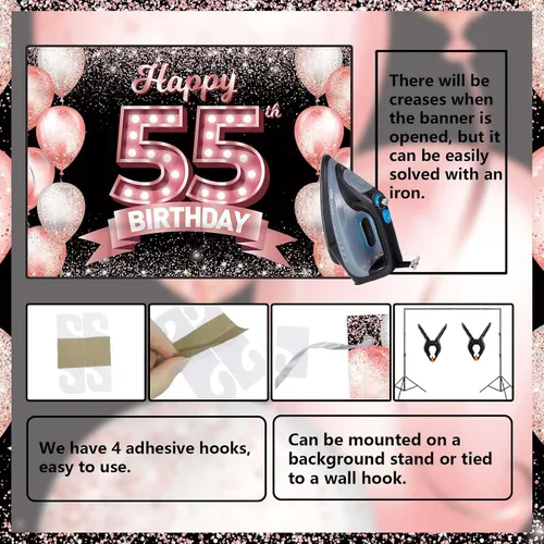 Miniatura 4 de Cartel de feliz cumpleaños 55 años en oro rosa, fondo de confeti, globos, tema de decoraciones para mujeres de 55 años, suministros de fiesta