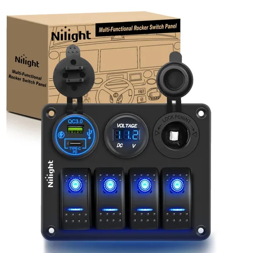 Miniatura 15 de Nilight - Panel de interruptor basculante de 4 bandas 90117G, panel de interruptores de aluminio precableado impermeable con doble USB encendedor