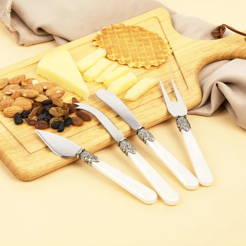 Miniatura 3 de Juego de cuchillos de queso de 4 piezas con caja de regalo, cuchillo de acero inoxidable con mango de perla, adecuado para fiestas y festivales