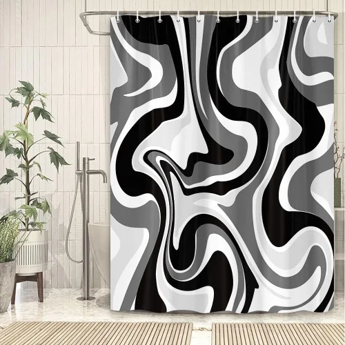 Miniatura 3 de Cortina de ducha en blanco y negro, bonito juego de cortinas de baño de estética abstracta hippie de los años 70, cortina de ducha moderna