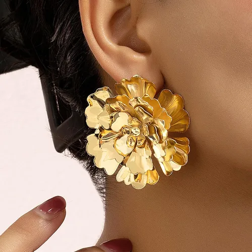 Miniatura 2 de Aretes de flor dorada para mujer, diseño floral bohemio en capas, aretes de flor grande