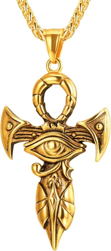 U7 Horus Necklaces for Men Women, Stainless SteelBlackGold Plated Ankh Cross Egyptian Symbol Jewelry, Eye of Horrus Pendant with 22 Inch Chain