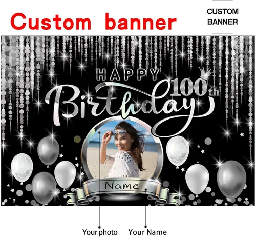 Miniatura 2 de Cartel de decoración de feliz cumpleaños número 100 personalizado - Personalización disponible - Negro y plateado - Tamaño grande - Admite fotos