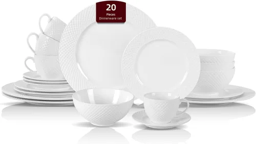 Miniatura 23 de HomeVss, nuevo juego de vajilla de porcelana de hueso, diseño de loto en relieve, juego de 20 piezas
