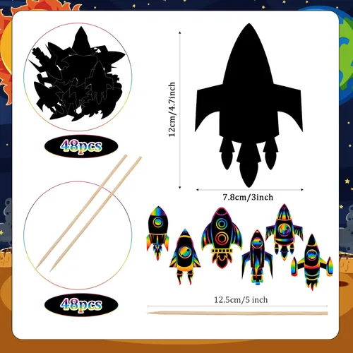 Miniatura 2 de Liliful Juego de 48 tarjetas de rascar de cohete con temática espacial para fiestas, manualidades, tarjetas de papel, recuerdos artísticos