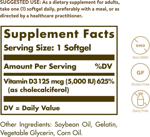 Miniatura 2 de Solgar - Vitamina D3 (colecalciferol) 125 MCG (5000 UI), 100 cápsulas blandas - Ayuda a mantener huesos y dientes sanos - Apoyo al sistema