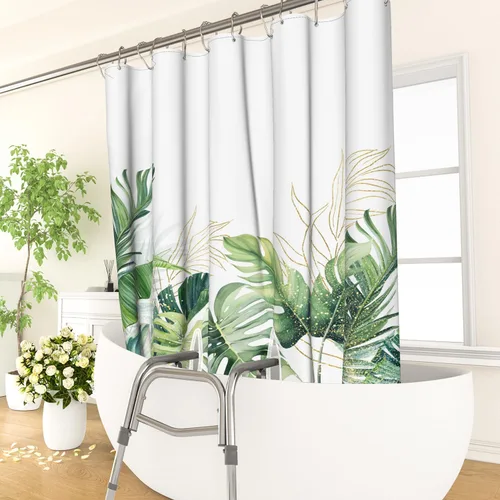 Miniatura 2 de Cortina de ducha dividida con hojas verdes para banco de transferencia, hojas de palmera tropicales, plantas naturales, decoración de baño con 2