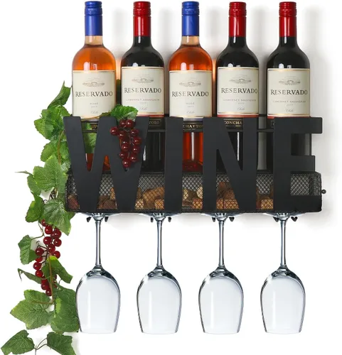 Estante de metal para vino montado en la pared, soporte para botella de vino, soporte para botella de vino, soporte para 4 vasos de tallo largo y