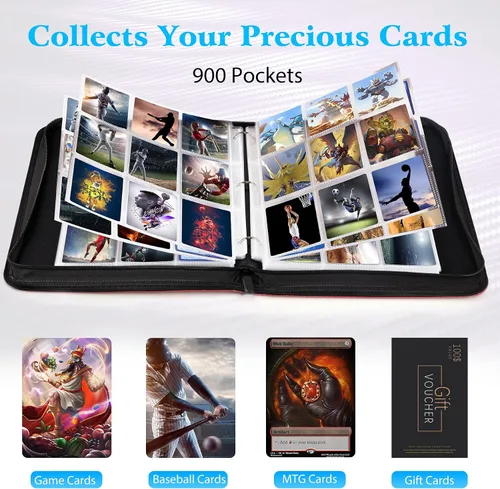 Miniatura 4 de WOT I Carpeta para Tarjetas Coleccionables, 900 Bolsillos Fundas para Carpeta de Tarjetas de Béisbol con Cremallera, Bolsillos de Doble Cara Rojo