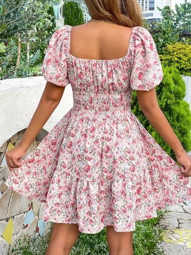 Miniatura 2 de Floerns Vestido bohemio de manga corta abombada con cuello cuadrado y lazo frontal para mujer