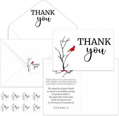 Miniatura 8 de Fumete Juego de 50 tarjetas de agradecimiento funerarias con sobres y calcomanías, tarjetas de agradecimiento de condolencias con mensaje