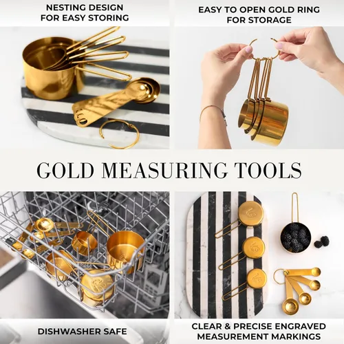 Miniatura 4 de Juego de utensilios de cocina dorados con tazas medidoras y cucharas, 13 piezas de accesorios de cocina dorados de lujo, incluye tazas medidoras