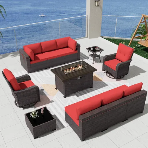 Miniatura 84 de Kurapika juego de muebles de patio 4 piezas de mimbre al aire libre, sillas de ratán, juego informal con mesa de café, juego de bistró con mecedora