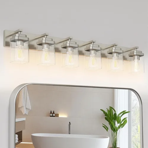Miniatura 15 de Lámparas de baño de oro cepillado, 4 luces de baño sobre el espejo, diseño cuadrado y placa trasera grande rectangular, accesorios de iluminación