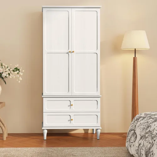 Miniatura 7 de HLR Armario moderno de mediados de siglo de 71 pulgadas con puertas y cajones, armario de almacenamiento de madera con barra para colgar para Negro