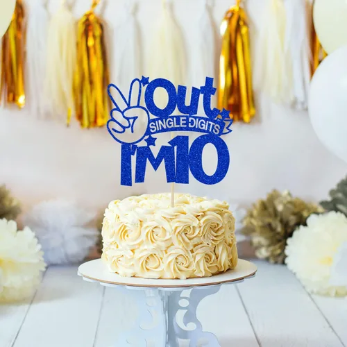 Miniatura 5 de Decoración para tartas de un solo dígito con purpurina azul, con texto en inglés "I'm 10", doble dígito 10, para niños y niñas, decoraciones