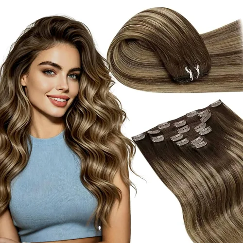 LaaVoo Extensiones de Cabello con Clip Ombre Cabello Humano Real 16 Pulgadas Extensiones de Cabello Humano con Clip Marrón Oscuro a Marrón Caramelo