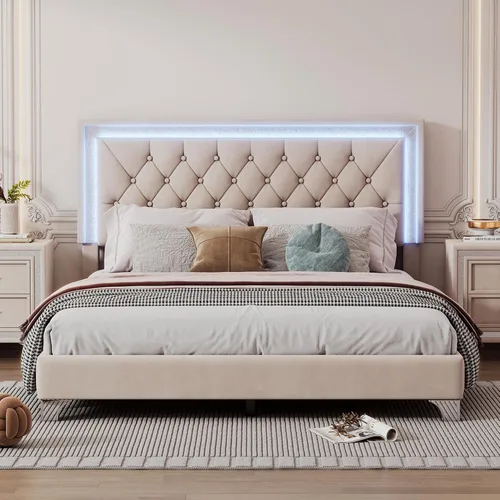 Miniatura 15 de SOFTSEA Cama de tamaño Queen con luz LED, plataforma de terciopelo con cabecero copetudo para niños, adolescentes y adultos, cama de plataforma
