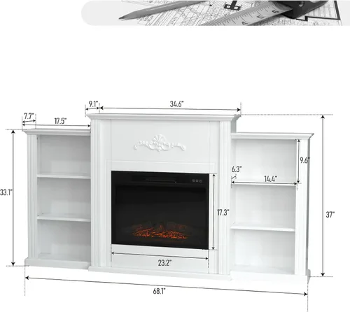 Miniatura 6 de MFSTUDIO Soporte de TV eléctrico grande de 70 pulgadas con chimenea de granja blanca, consola central de entretenimiento multimedia con chimenea