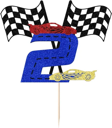 Miniatura 7 de Sleyberoy Decoración de pastel de coche de carreras con bandera a cuadros, decoración de pastel de karting, temática de carreras deportivas