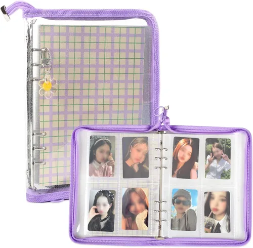 Libro de 4 bolsillos para tarjetas fotográficas K-pop con 30 páginas interiores, 6 anillas, carpeta de tarjetas fotográficas A5, libro para Morado