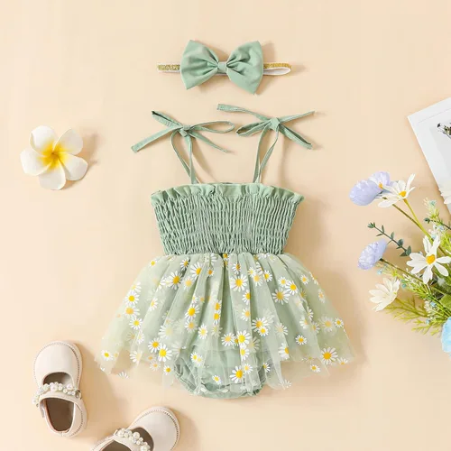 Miniatura 72 de Mameluco para bebés y niñas de 3, 6, 9, 12, 18 meses, enterizo de manga corta, fruncido, faldas y dobladillo, diadema