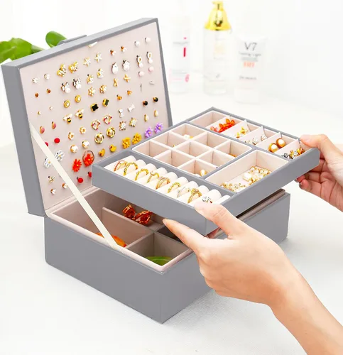 Miniatura 53 de Joyero de pendientes para mujeres y niñas, organizador de aretes de 5 capas, caja organizadora de joyas blanca con candado, collares y aretes