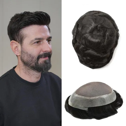 Miniatura 39 de Tupé para hombres, piezas de cabello humano real, sistema de unidades de cabello natural, línea capilar natural, pieza de repuesto para hombres