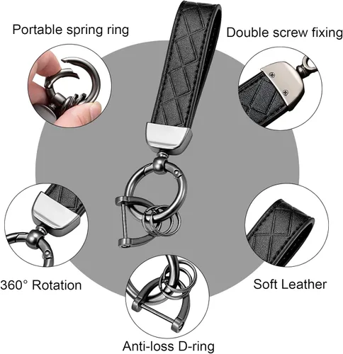 Miniatura 3 de Llavero de cuero, llavero universal decorativo para automóvil, anillo en D antipérdida, llavero giratorio de 360 grados para hombres y mujeres Negro