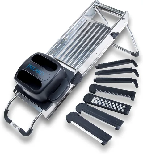 Jaccard SafeHands - Cortador de mandolina de acero inoxidable, picador de alimentos, picador compacto de verduras con siete cartuchos de hoja