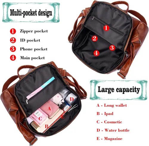 Miniatura 5 de Mochila de Moda para Mujer Bolso Impermeable Mochilas Escolares Viajes Compras Mochila Convertible Bolsa de Hombro para Damas Rojo-Marrón