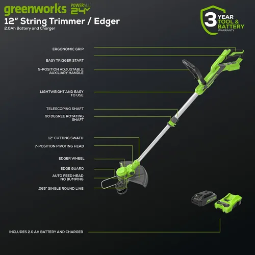 Miniatura 2 de Greenworks Cortadora de Hilo/Bordeadora Inalámbrica de 24V (Gen 2), Ancho de Corte de 12", Diseño Ultra-Ligero de 6 lbs, con Batería de 2.0Ah