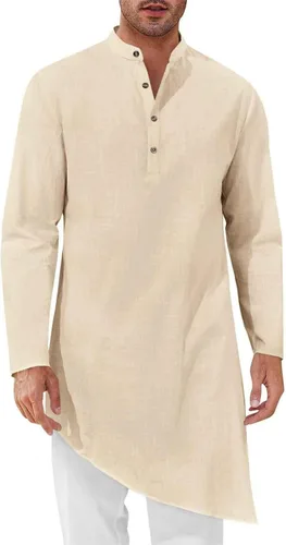 Miniatura 7 de Bata de caftán para hombre, de algodón, manga larga, estilo Henley, casual, musulmán, Kurta, tops