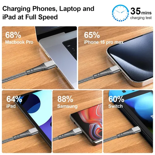Miniatura 3 de Cable de carga USB C de 10 pies de carga rápida de 60 W, paquete de 2 cables de carga tipo C USB C a USB C, cable compatible con iPhone