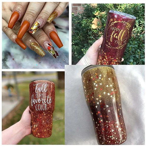 Miniatura 3 de Nail Art - Escamas de hoja de arce con purpurina de 0.71 oz de hojas de otoño metálicas 3D en forma de hoja de arce rojo, amarillo y naranja, diseño