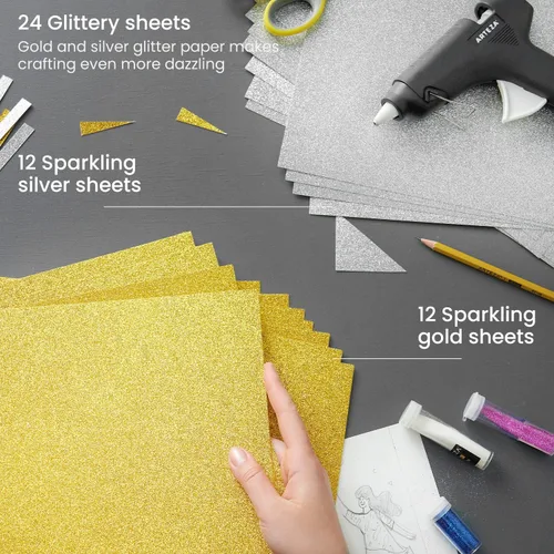 Miniatura 5 de Arteza Papel con purpurina, 24 hojas, 12 x 12 pulgadas, papel de álbum de recortes dorado y plateado, suministros de arte y manualidades