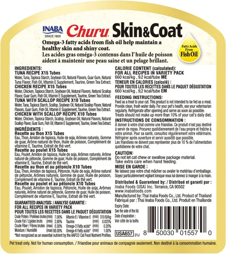 Miniatura 7 de INABA - Golosinas Churu puré natural para gatos para piel y pelaje con aceites Omega, taurina y vitamina E, 0.5 onzas en cada tubo, 50 tubos