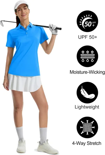 Miniatura 6 de TACVASEN Camisas polo para mujer, con protección solar UPF 50+, manga corta, secado rápido, cuello de 3 botones, ligeras