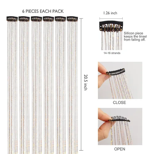 Miniatura 4 de Extensiones de oropel con clip para el cabello, reflejos castaños, 20.5 pulgadas, 6 piezas por paquete, extensiones de cabello sintético multicolor