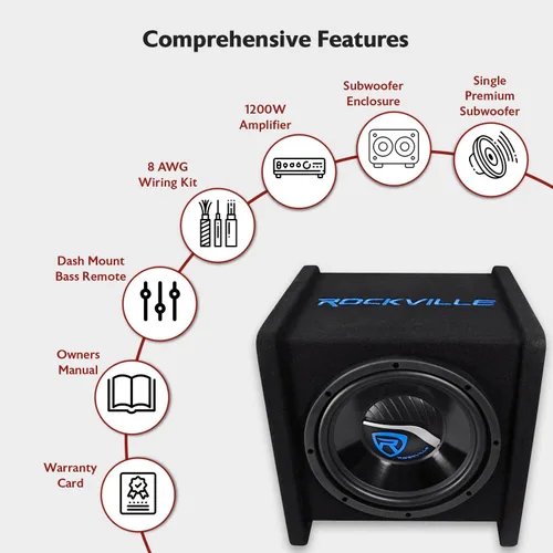 Miniatura 3 de Rockville RV10.1D - Caja de subwoofer para automóvil cargada de 500 W de 10 pulgadas con amplificador mono y kit de amplificador, graves de alto